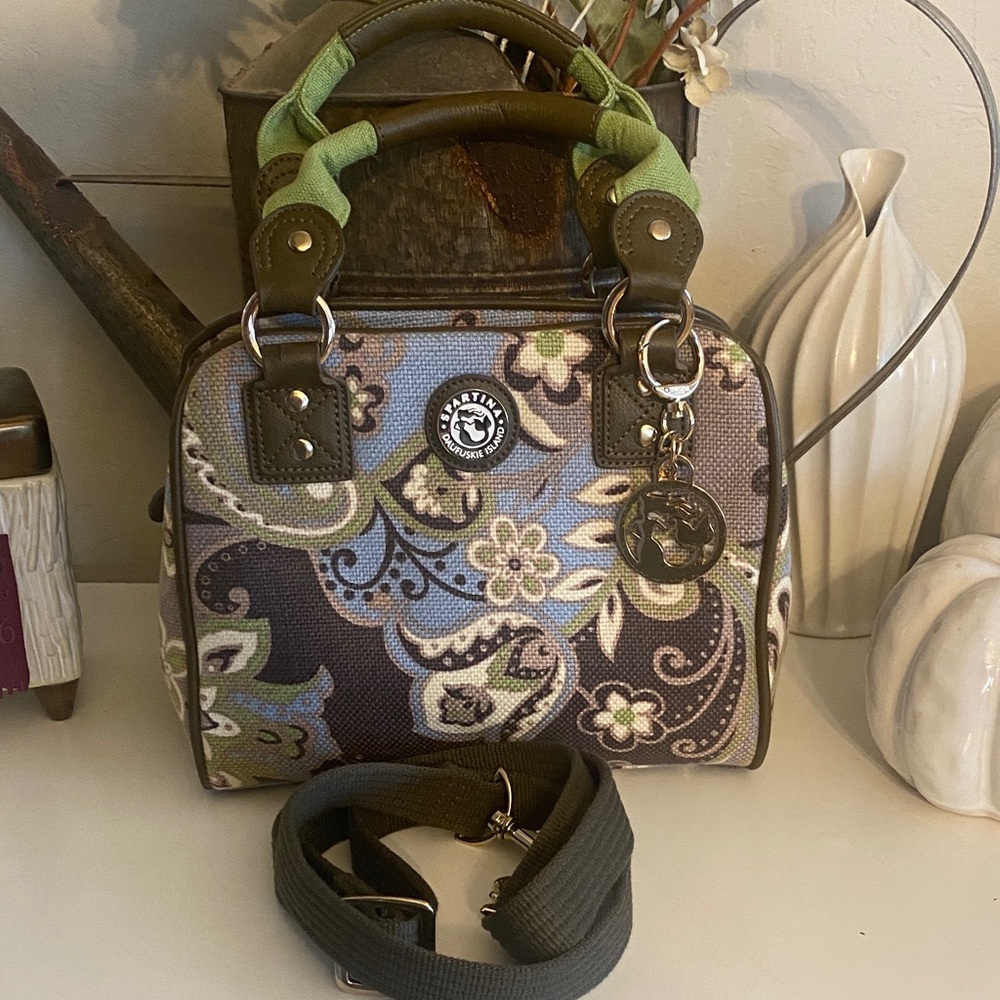 Spartina 449 floral canvas with leather trim, gold hardware & adjustable strap